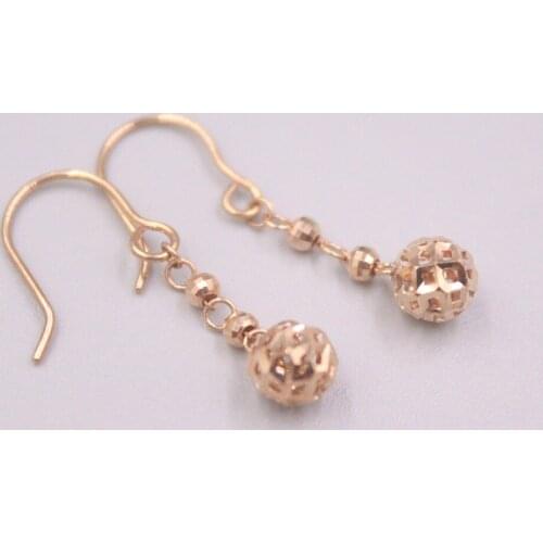 Pure 18K Rose Gold Earrings Women Best Gift Hollow Ball Bead Dangle Earrings / 1.2g