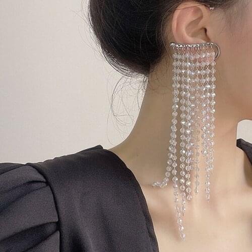 VSnow Exaggeration Bling Bling Long Tassel Rhinestone Clip Earring for Women Girls Trendy Silver Color Metallic Earrings Jewelry