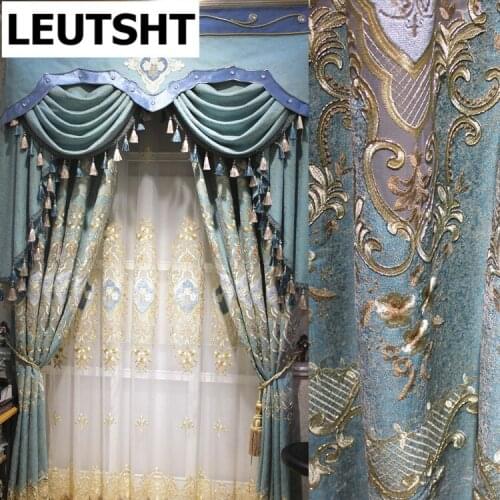 2021 Luxury European Blue-green Hollow Chenille Embroidery Curtains for Villa Bedroom Living Room Blackout Curtains Custom