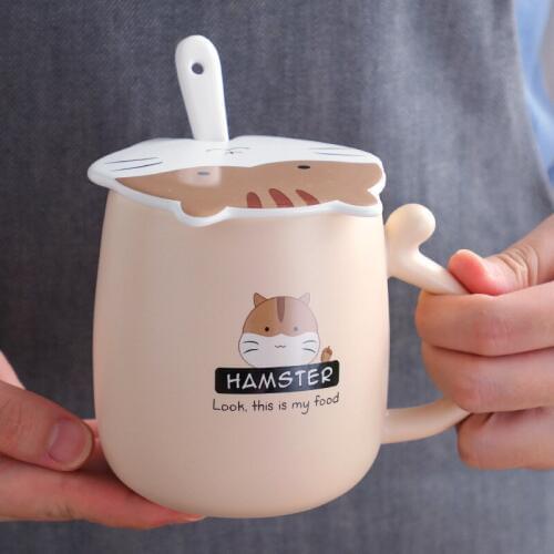 450ML Cute Hamster Mug Creative Cartoon Ceramic Mug Japanese Coffee Mug Milk Breakfast Cup with Cover Spoon Korean Girl Tea Cup