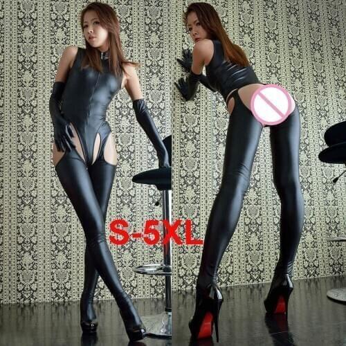 Sexy Wetlook Faux Leather Bodysuit with Long Gloves Crotchless Leggings Stockings PVC Latex Fetish Lingerie Open Crotch Clubwear