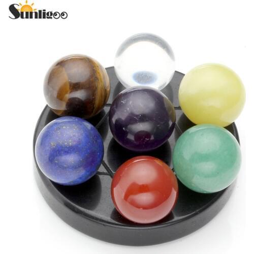 Sunligoo Chakra Healing Seven Star Group Natural Amethyst Chakra Crystal Sphere Ball&Black Obsidian Stand Reiki Energy Stones