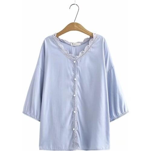 Plus Size 2XL-5XL White Blue Tencel Tops Women 3/4 Sleeve V-neck Blouse Simple Elegant Female Officewear Blusas
