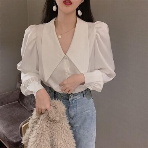 Elegant Vintage Lapel White Blouses Women 2021 New Spring Autumn Korean Style Puff Long Sleeve Tops Shirts Femme Blusas Y378