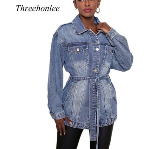 Womens Denim Jacket Retro Belt Winter Long Sleeved Womens Jacket Fashion Casual Loose Long Jeans Jacket Outerwear