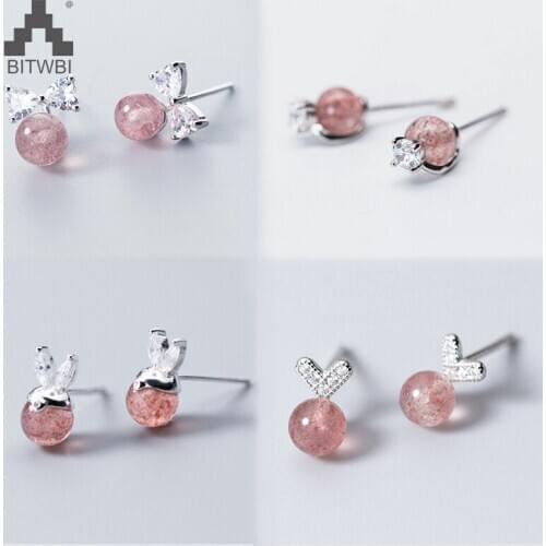 100% 925 Real Sterling Silver 2018 Women Fashion Cute Pink Strawberry Crystal Bow Rabbit Heart Stud Earrings For Women Gifts