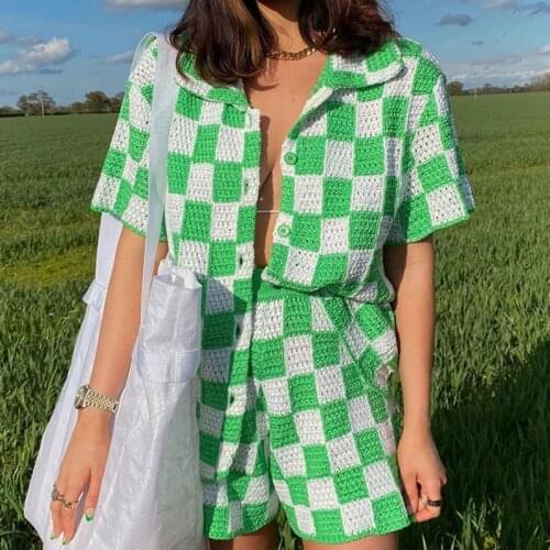 2021 Fashion Plaid Knitted Tracksuit Summer Short Sleeve Shirt Tops And Mini Loose Shorts Women Two Piece Set Lounge Wear