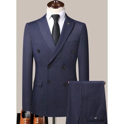2 Piece) 2021 Office Set Blazer Formal Dress Double-Breasted Blue Stripes Wedding Suit Man Suit Blazer Slim Business Male Suits
