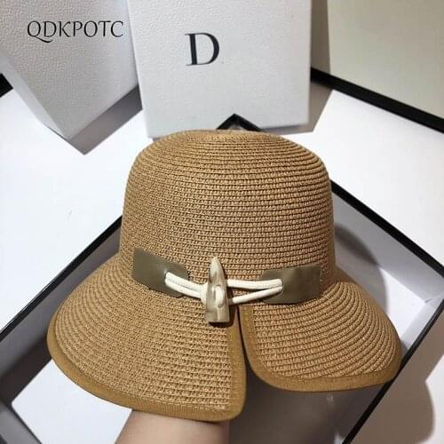 2021 Hat Summer Women Straw Horn Button Sun Hats Fashion Simplicity Asymmetry Casual Vacation Shading Sun Protection Cap QDKPOTC