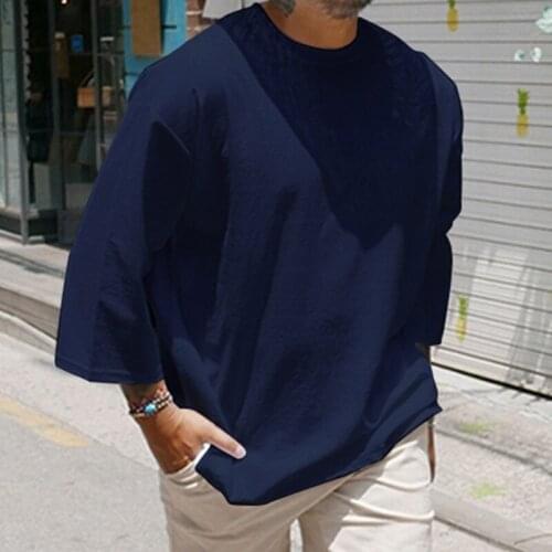 2021 Fashion Men Casual T Shirt Plain Cotton 3/4 Sleeve Crew Neck 2021 Baggy T-shirts Streetwear Plus Size