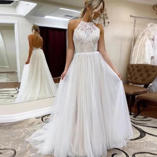 ANGELSBRIDEP High-Neck Wedding Dresses A-Line Robe de mariee Fashion Applique Beading Court Train Formal Bride Dress Plus Size