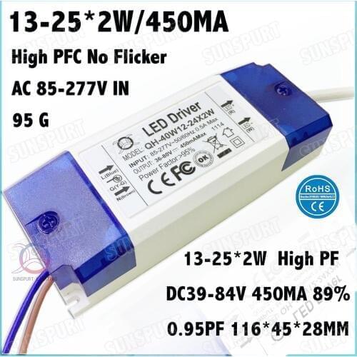 5 Pcs High PFC Box 40W AC85-277V LED Driver 13-25x2W 450mA DC39-84V Constant Current No Flicker For LED Spotlight Free Shipping
