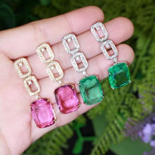 CWWZircons 2021 New Fashion Geometry Square Red Green Cubic Zirconia Crystal Long Dangle Drop Earrings Jewelry Pendientes CZ853