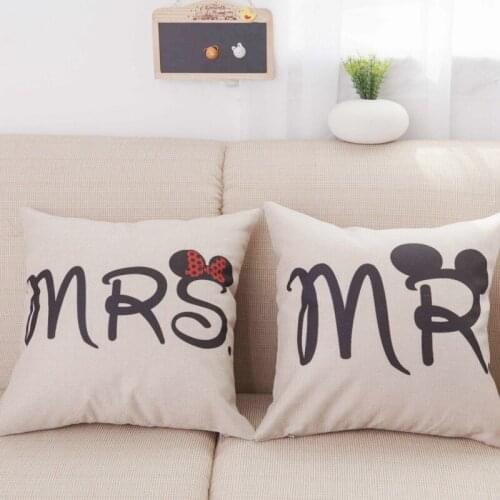 Decorative Cushion Covers For Sofa Mouse Style Letters Mr and Mrs Cute Bed Pillows Cotton Linen Cushion Pillow Cases 45x45cm