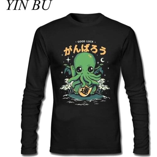 T Shirt Men Good Luck Cthulhu Cuttlefish T Shirts Lovecrafts Octopus Monster Camisetas Hombre T Shirts Boy Long Sleeve Tshirt