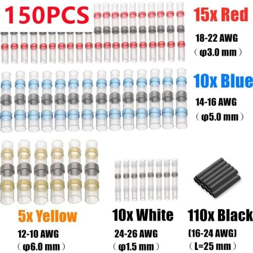 150PCS Insulated Waterproof Solder Sleeve Heat Shrink Wire Butt Wire Connectors Terminals Heat Shrink Sleeving Tube Fast Splices