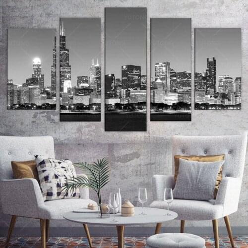 Canvas Print Pictures 5 Pieces View of Chicago Skyline at Night in Black and White Place Cityscape Picture for Home Decor Living