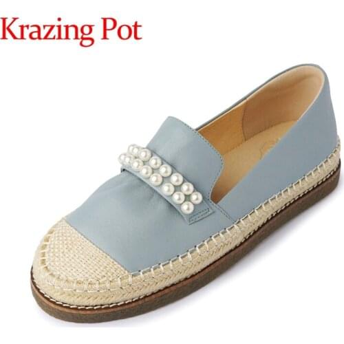 Krazing Pot genuine leather round toe pearl beading Princess style fairly leisure fashion preppy style slip on women flats L62