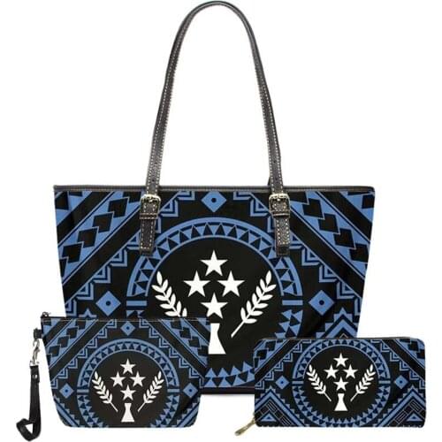 FORUDESIGNS Hot Selling Brand Design Kosrae Flag Polynesian Tattoo Style 3Pcs Leather Handbags and Purse Women Shoulder Bags2021