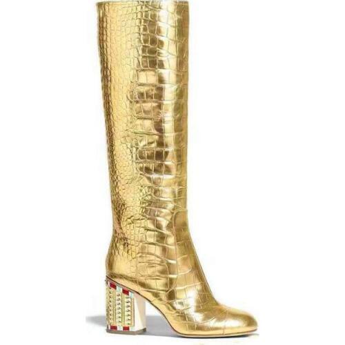 Moraima Snc Crystal Embellished Thick Heels Runway Boots Round Toe Gold Leather Knee High Boots Woman Sexy Riding Shoes