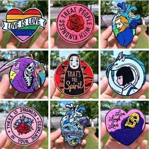 Prajna Cartoon Anime Patches Heart Rose Van Gogh Embroidery Patches For Clothing DIY Iron On Patches On Clothes Applique Stripes