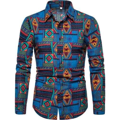 Mens Slim Fit Long Sleeve Dress Shirt African Clothes 2019 Autumn New African Ethnic Print Cotton Linen Shirt Men Camisa Hombre