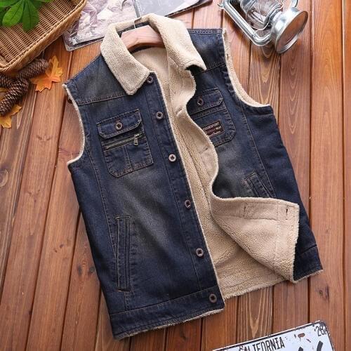 Autumn Winter Fleece Vest Sleeveless Jeans Jacket Men Denim Vest with Many Pocket Casual Warm Travel Waistcoat Male Clothes