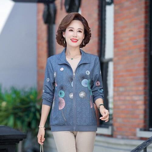Middle-Aged Elderly Womens Coat New Spring Autumn Large Size Zipper Printed Casual Ladies Jacket Female Outerwear Top 5XL W786