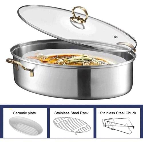 Stainless Steel Fish Steamer Multi-Use Oval Roasting Cookware Hotpot with Rack Ceramic Pan Chuck Pasta Pot Stockpot