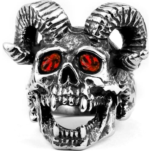 Retro silvery punk Satan goat skull ring Gothic exaggerated mens jewelry ring