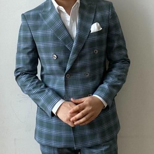 RICODESIGN mens slim fit light green checker double breasted business casual linen suit set two pieces hand made tailored