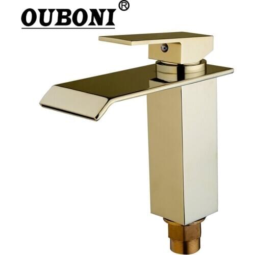 OUBONI Luxury Golden Brass Bathroom Basin Sink Mixer Tap Faucet Hot & Cold Mixer Waterfall Tap Bathroom Sink Brass Body