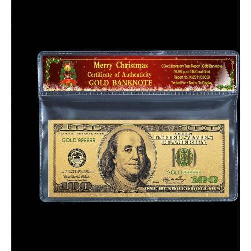 Antique dollar gold banknote 100 dollar old banknote 24k gold-plated Christmas plastic decorative photo frame paper gift 2 / Set