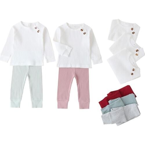 Infants Girls Top Fall Trousers, Stripes Buttons Ruffle Round Collar Long Sleeves Elastic Kid Ribbed Solid Spring Autumn Clothes
