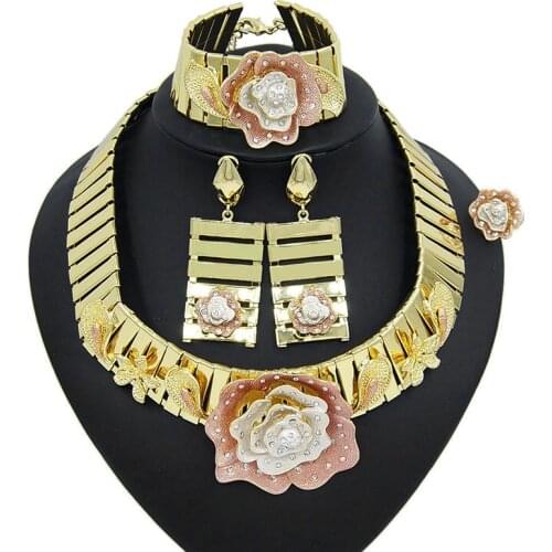 Yulaili Unique Dubai Gold Jewelry Sets Bridal Luxury Choker Necklace Dangle Earrings Charm Bracelet Ring Wedding Accessories