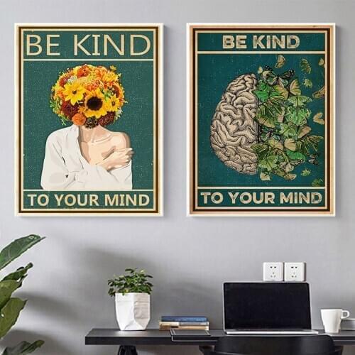 Mental Be Kind To Your Mind Vintage Canvas Posters and Prints Mental Health Awareness Painting Wall Art Pictures Home Decoration