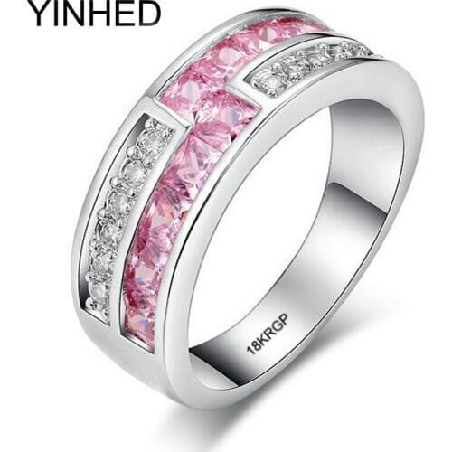 YINHED Real Pure White Gold Rings For Women With 18KGP Stamp Top Quality Pink CZ Zircon Ring Jewelry ZR532