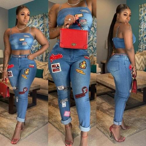 European and American womens denim two-piece set of jeans and trousers with thin leather belt embroidery printing