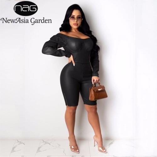 NewAsia Leather Romper Shorts Sexy off Shoulder Jumpsuit Zipper Long Sleeve Solid Color Ruched Bodycon Playsuit Women Party Wear
