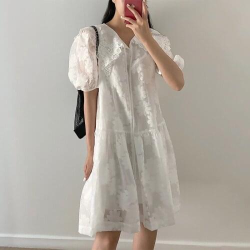 Sannian Women Dress Summer Young Fashion Hollow Lace-up Large Lapel Jacquard Loose Ruffle Bubble Sleeve Dress Women Clothes