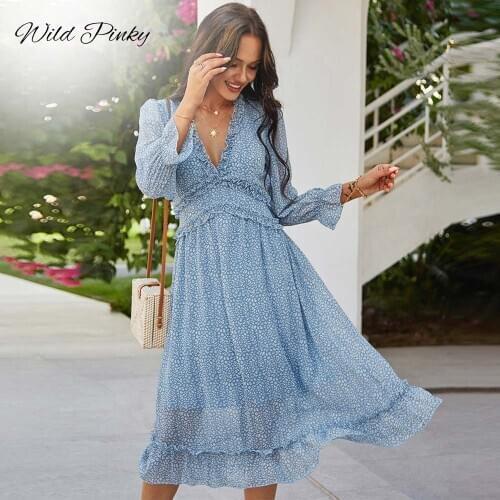 WildPinky 2021 New Spring Sexy V Neck Print Dress Women Casual Butterfly Sleeve High Waist Ruffles Summer Chiffon Midi Dress