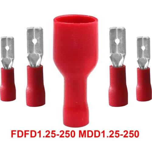 50pcs 20pairs 6.3mm 22-16AWG Female Male Electrical Wiring Connector Insulated Crimp Terminal Spade Red FDFD1.25-250MDD1.25-250