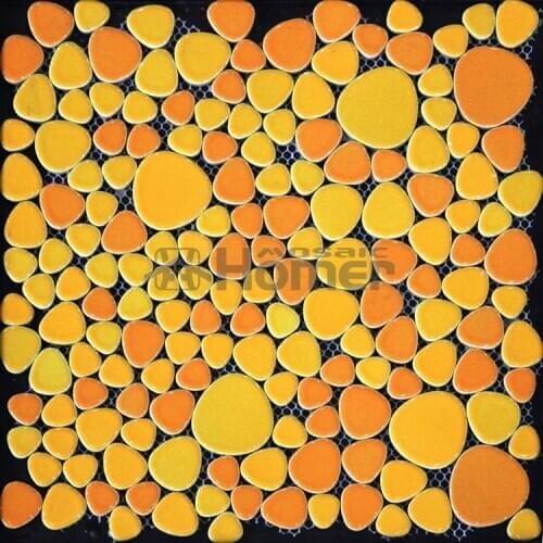 Shipping free!! yellow orange color ceramic mosaic tiles pebble design, swimming pool bathroom floor