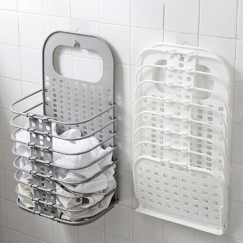 Free Shipping Wall-mounted Laundry Bag Foldable Soiled Clothes Basket Bathroom Accessories Organizer L Size White Grey Plastic