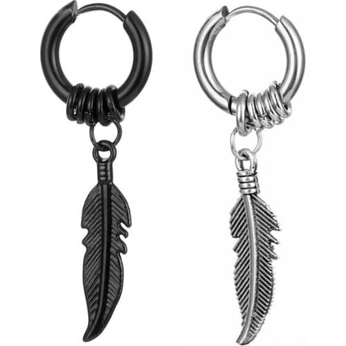 1 Piece Feather Pendant Stainless Steel Ear Buckle Earrings For Women and men New Popular Hip-hop Cool Ear Jewelry