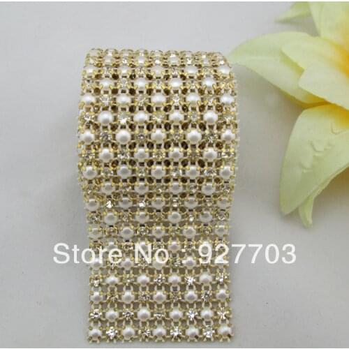 CM479)1 Yards 9 Rows Clear Rhinestone Crystal Ivory Faux Pearl Mesh Trim Wedding Decoration Gold Plated