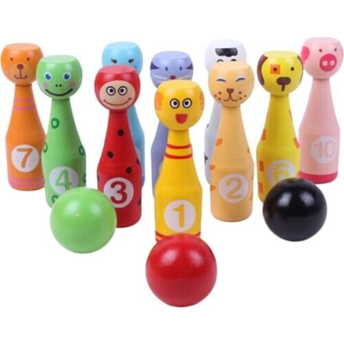 13pcs/set Wooden Bowling Set 10 Pins 3 Ball Animal Bowling Game for Children Indoor Family Sports Educational Toy Dropshipping