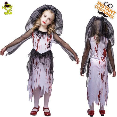 Kids Bloody Horror Zombie Bride Costume Fancy Dress Children Scary Zombie Dress Clothes for Halloween Costumes Kid