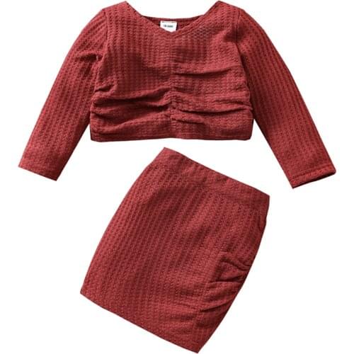 2Pcs Kids Summer Tracksuit, Girls Solid Color V-Neck Long Sleeves Tops + Short Skirt, 18 Months to 6 Years