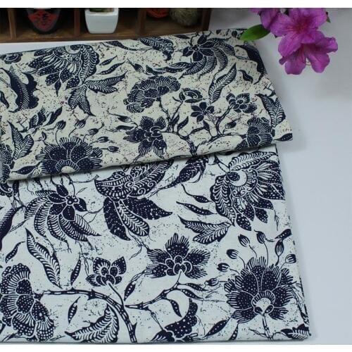 Cotton/linen ethnic WHITE BEIGE with blue flowers printed fabric for DIY costume APPAREL dress craft cushion curtain tablecloth